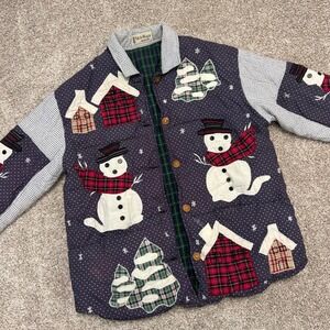 Vintage Patch Magic Reversible Jacket Christmas‎ Snowman Women Medium Plaid